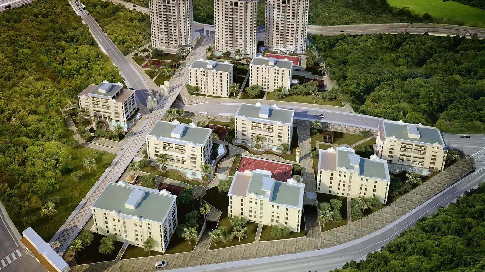 Mostar Life Sitesi'nin yeşil çevre içindeki genel yerleşim planı
