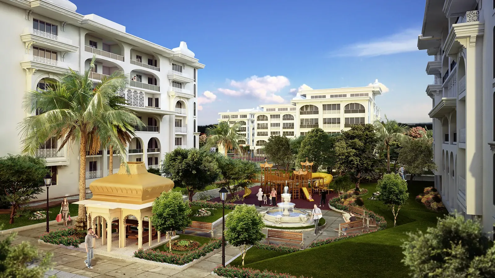 Mostar Life Sitesi'nin peyzajlı avlusu, kamelyası ve oyun alanı
