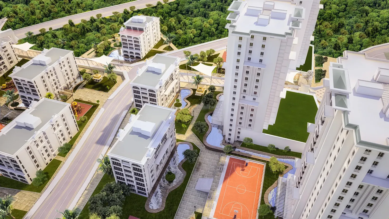 Mostar Life Sitesi'nin yüksek blokları, spor sahası ve su öğeleri